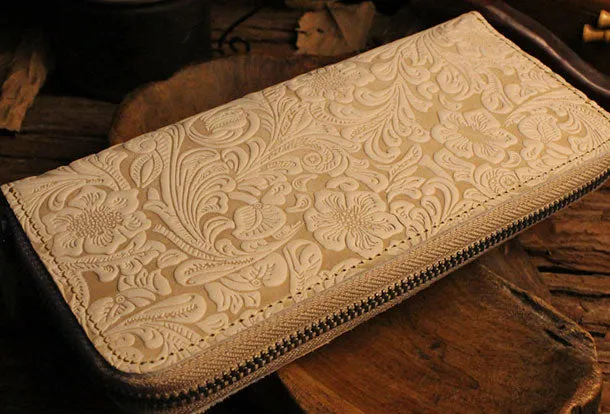 Handmade long leather wallet floral leather clutch wallet for women men zipper