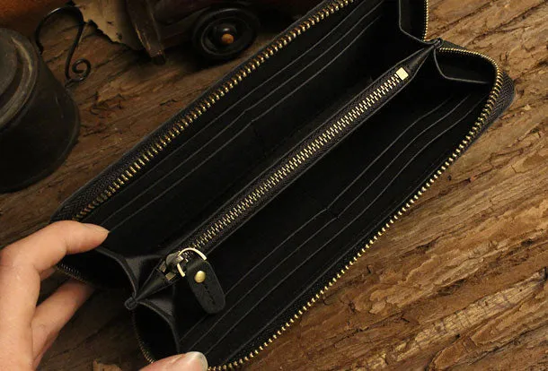 Handmade long leather wallet floral leather clutch wallet for women men zipper
