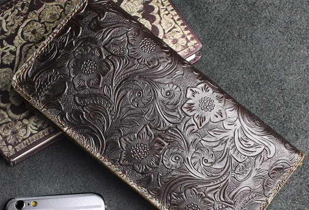 Handmade long leather wallet floral passport leather clutch wallet for women men zip