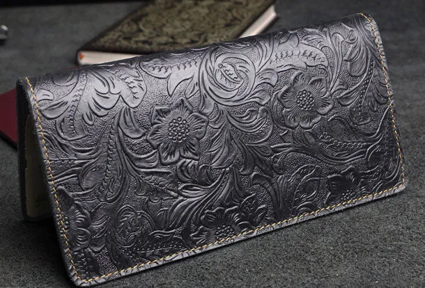 Handmade long leather wallet floral passport leather clutch wallet for women men zip