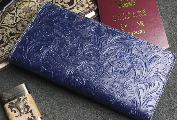 Handmade long leather wallet floral passport leather clutch wallet for women men zip