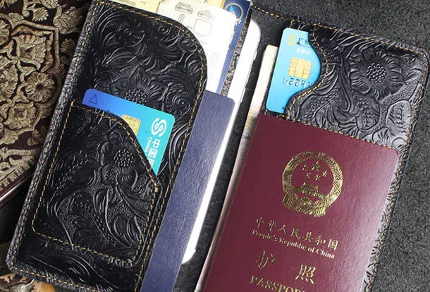 Handmade long leather wallet floral passport leather clutch wallet for women men zip