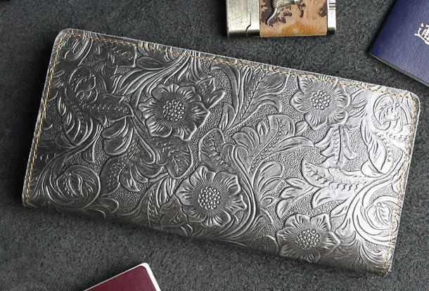 Handmade long leather wallet floral passport leather clutch wallet for women men zip