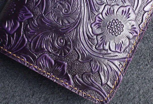 Handmade long leather wallet floral passport leather clutch wallet for women men zip