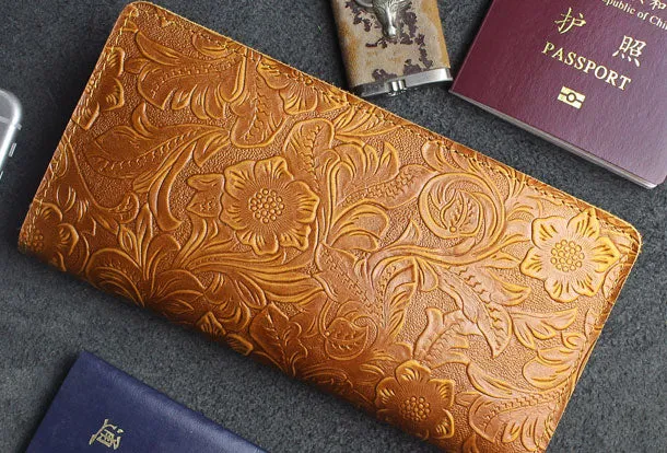 Handmade long leather wallet floral passport leather clutch wallet for women men zip