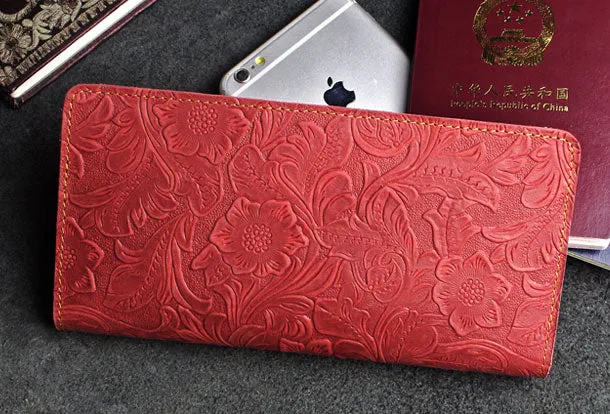 Handmade long leather wallet floral passport leather clutch wallet for women men zip