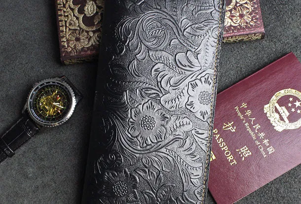 Handmade long leather wallet floral passport leather clutch wallet for women men zip