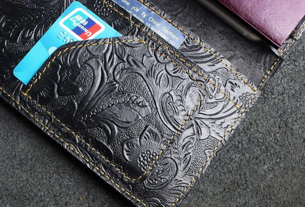 Handmade long leather wallet floral passport leather clutch wallet for women men zip