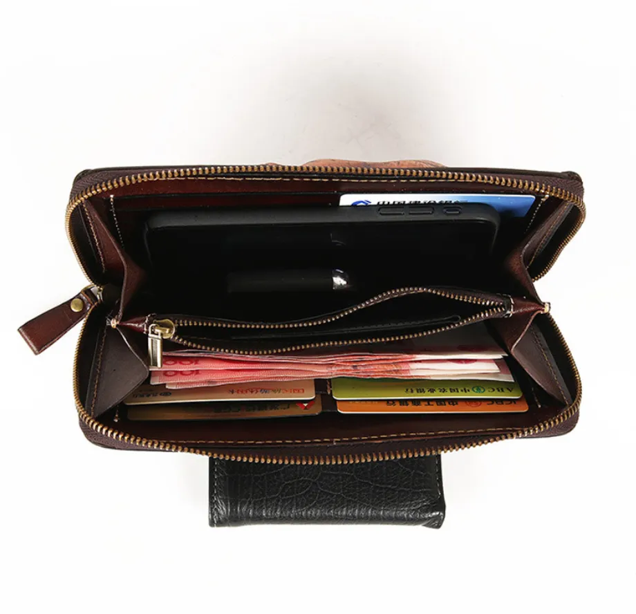Handmade long skull clutch wallet leather men black white tooled wallet for men