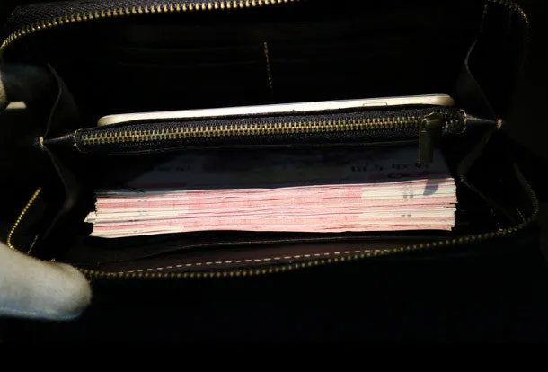 Handmade long skull clutch wallet leather men black white tooled wallet for men
