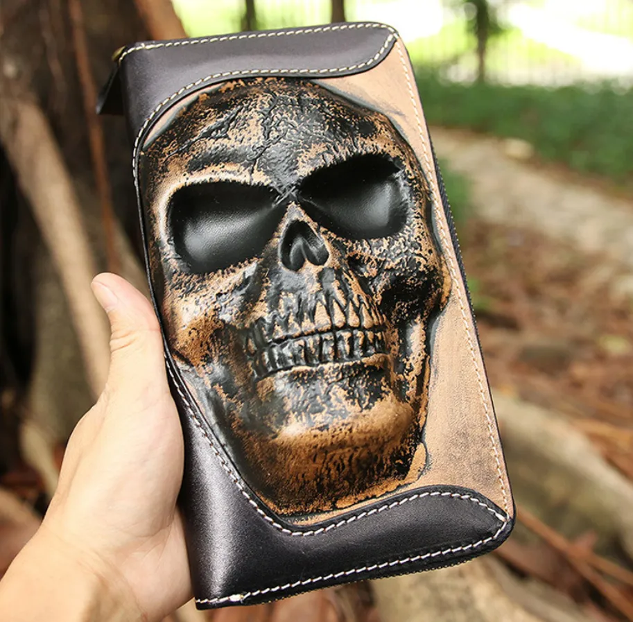 Handmade long skull clutch wallet leather men black white tooled wallet for men