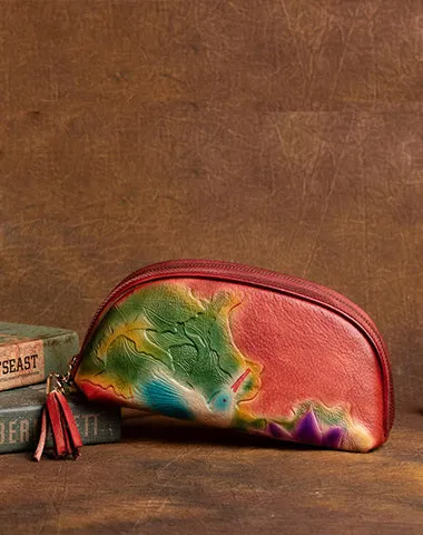 Handmade Lotus Flower Gray Leather Wristlet Wallet Womens Zip Around Wallets Flowers Ladies Zipper Clutch Wallet for Women