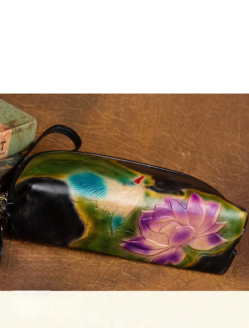 Handmade Lotus Flower Gray Leather Wristlet Wallet Womens Zip Around Wallets Flowers Ladies Zipper Clutch Wallet for Women