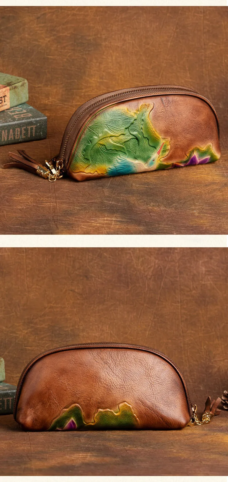 Handmade Lotus Flower Gray Leather Wristlet Wallet Womens Zip Around Wallets Flowers Ladies Zipper Clutch Wallet for Women