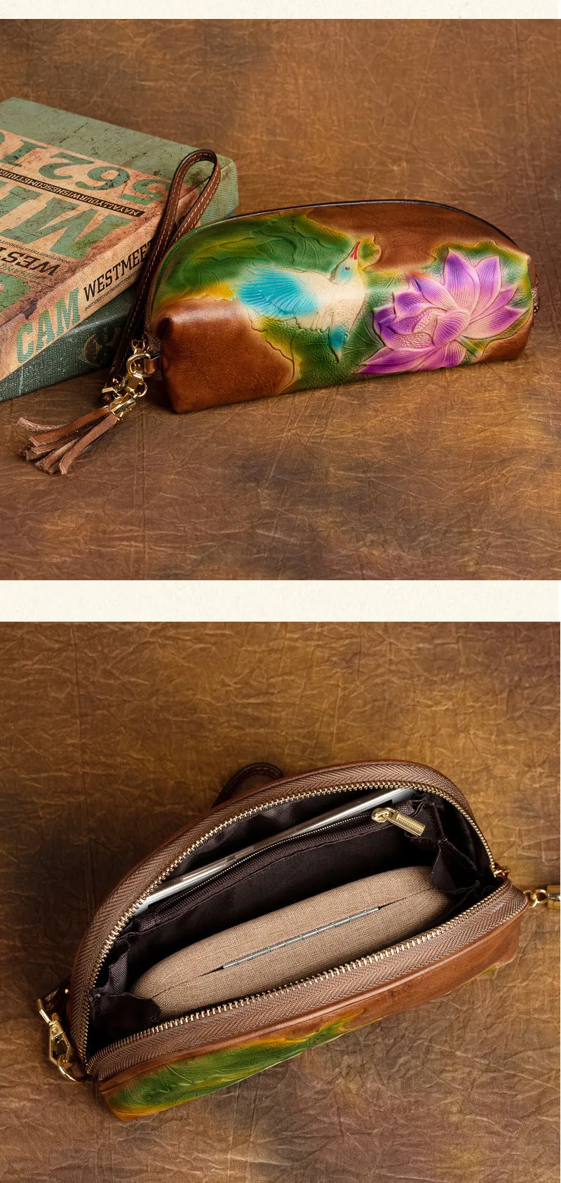 Handmade Lotus Flower Gray Leather Wristlet Wallet Womens Zip Around Wallets Flowers Ladies Zipper Clutch Wallet for Women