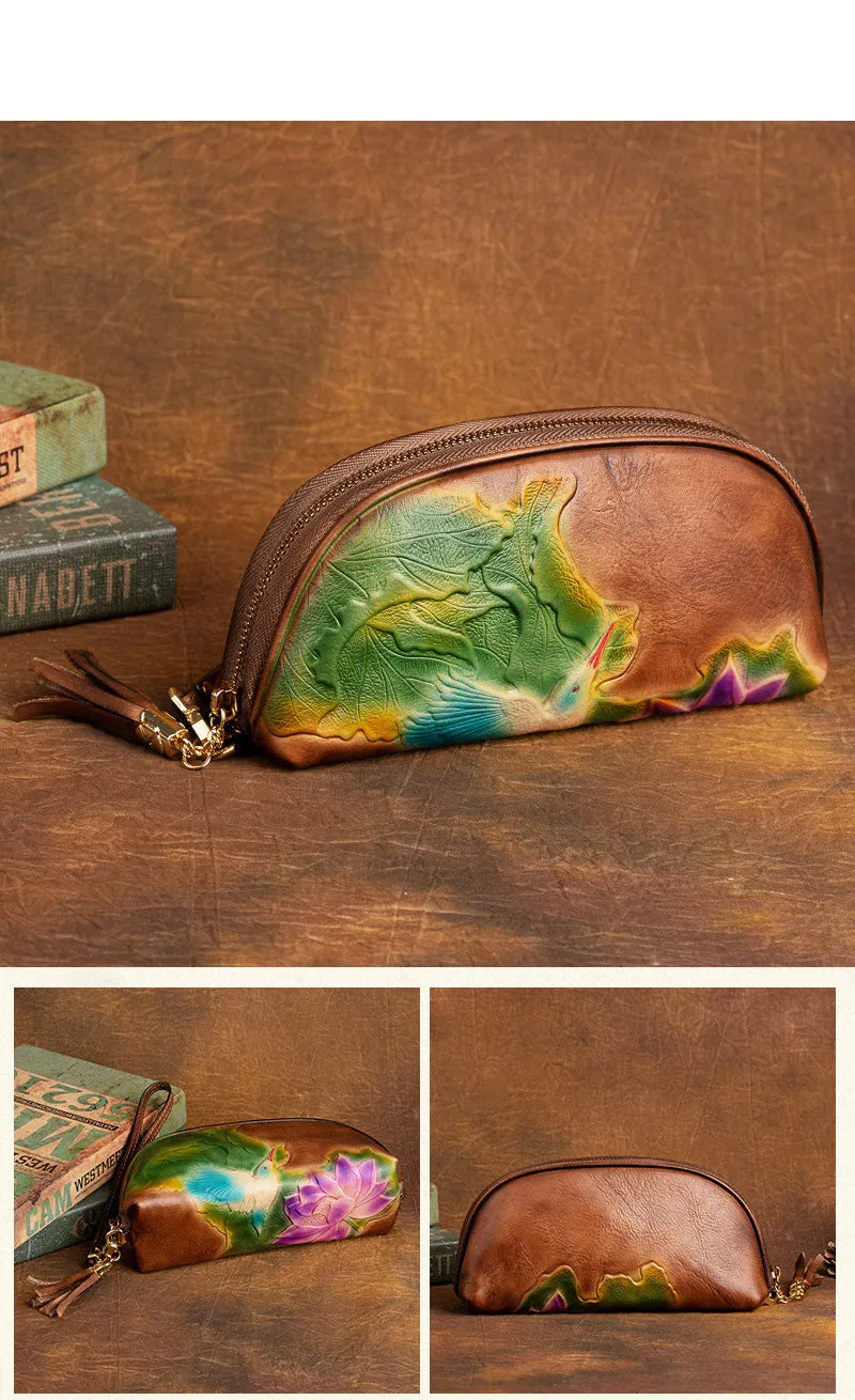 Handmade Lotus Flower Gray Leather Wristlet Wallet Womens Zip Around Wallets Flowers Ladies Zipper Clutch Wallet for Women