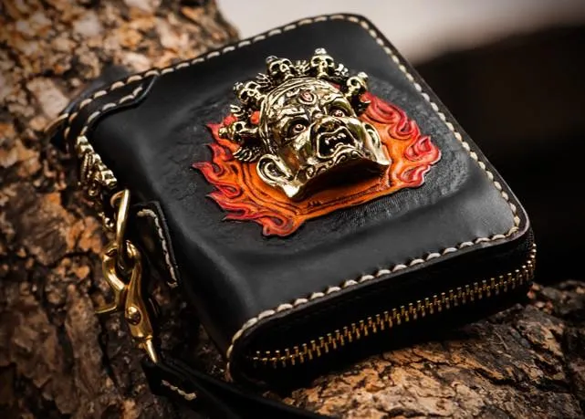 Handmade Mahkla Leather Brown Biker Wallet Mens Cool billfold Chain Wallet Trucker Wallet with Chain