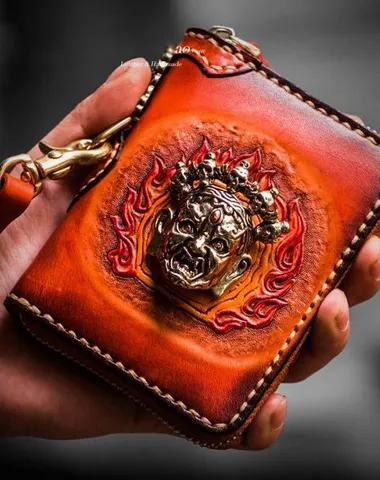 Handmade Mahkla Leather Brown Biker Wallet Mens Cool billfold Chain Wallet Trucker Wallet with Chain