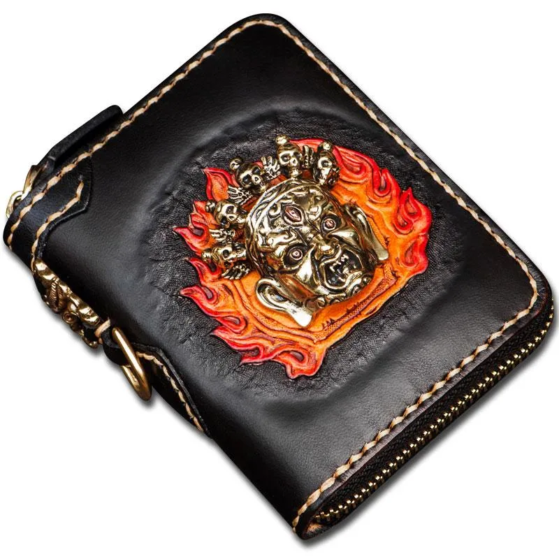 Handmade Mahkla Leather Brown Biker Wallet Mens Cool billfold Chain Wallet Trucker Wallet with Chain