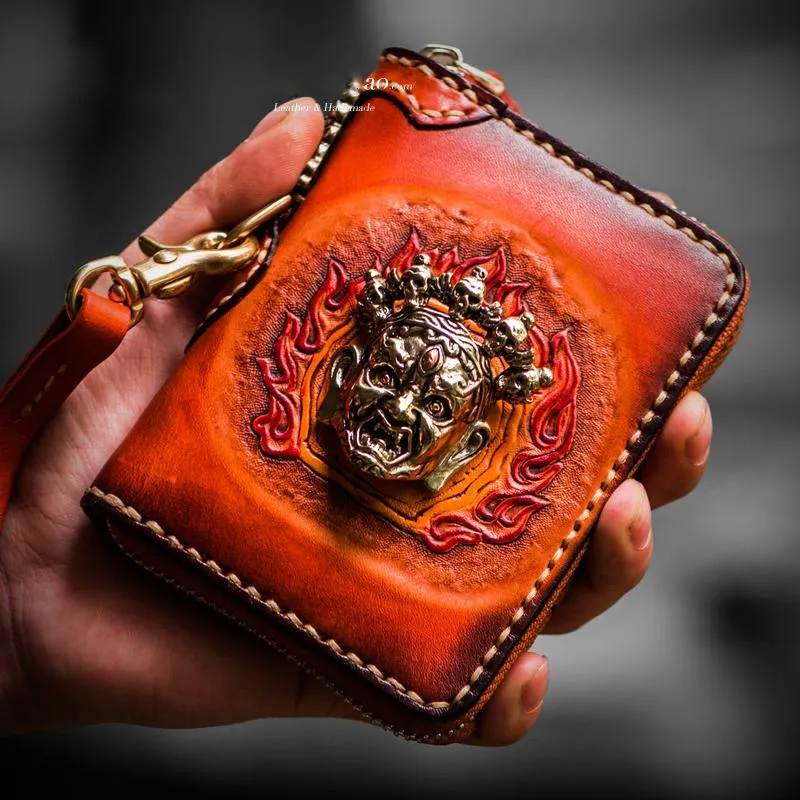 Handmade Mahkla Leather Brown Biker Wallet Mens Cool billfold Chain Wallet Trucker Wallet with Chain