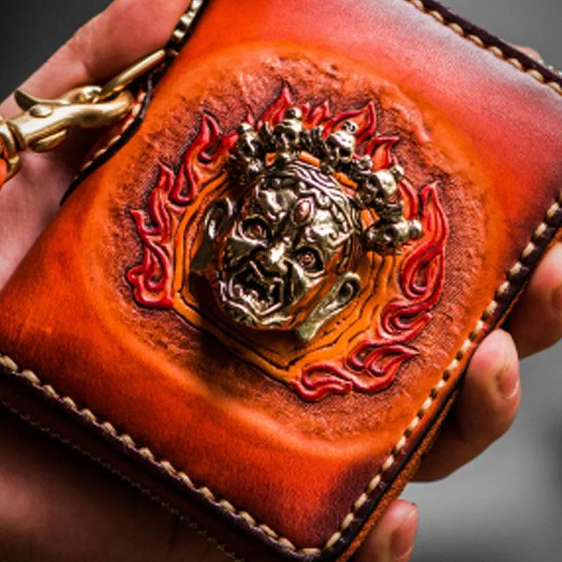 Handmade Mahkla Leather Brown Biker Wallet Mens Cool billfold Chain Wallet Trucker Wallet with Chain