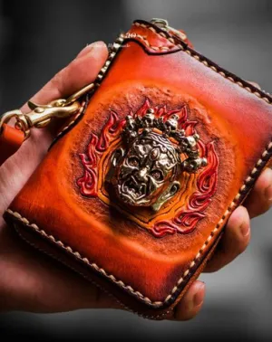 Handmade Mahkla Leather Brown Biker Wallet Mens Cool billfold Chain Wallet Trucker Wallet with Chain