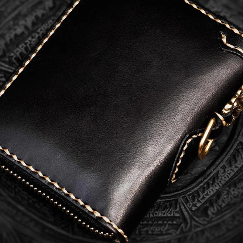 Handmade Mahkla Leather Brown Biker Wallet Mens Cool billfold Chain Wallet Trucker Wallet with Chain
