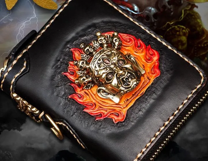 Handmade Mahkla Leather Brown Biker Wallet Mens Cool billfold Chain Wallet Trucker Wallet with Chain