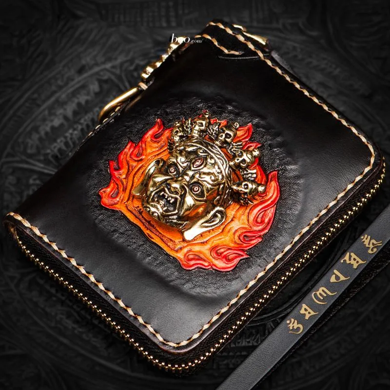 Handmade Mahkla Leather Brown Biker Wallet Mens Cool billfold Chain Wallet Trucker Wallet with Chain