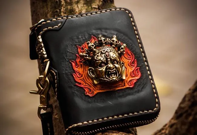 Handmade Mahkla Leather Brown Biker Wallet Mens Cool billfold Chain Wallet Trucker Wallet with Chain