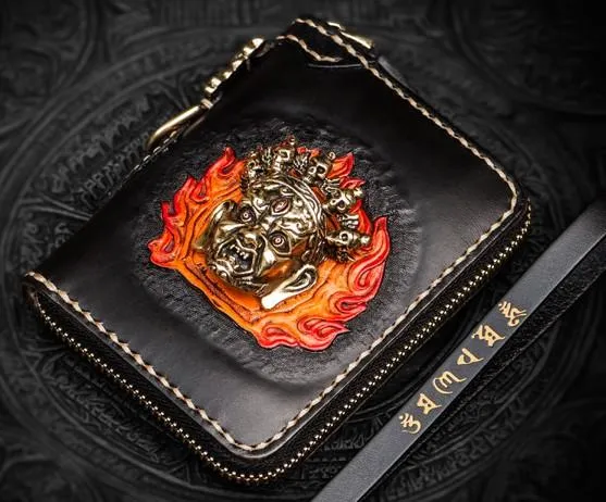 Handmade Mahkla Leather Brown Biker Wallet Mens Cool billfold Chain Wallet Trucker Wallet with Chain
