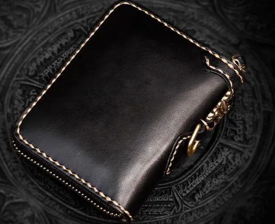 Handmade Mahkla Leather Brown Biker Wallet Mens Cool billfold Chain Wallet Trucker Wallet with Chain
