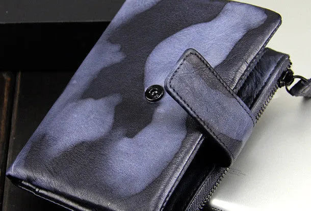 Handmade men billfold leather wallet men vintage brown blue camouflage billfold wallet for him