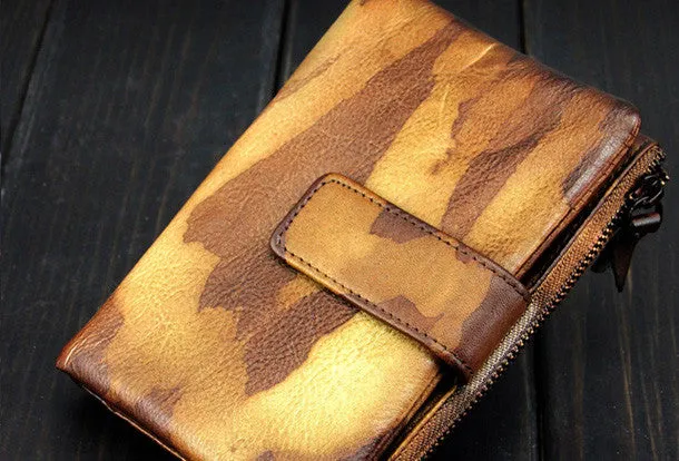 Handmade men billfold leather wallet men vintage brown blue camouflage billfold wallet for him