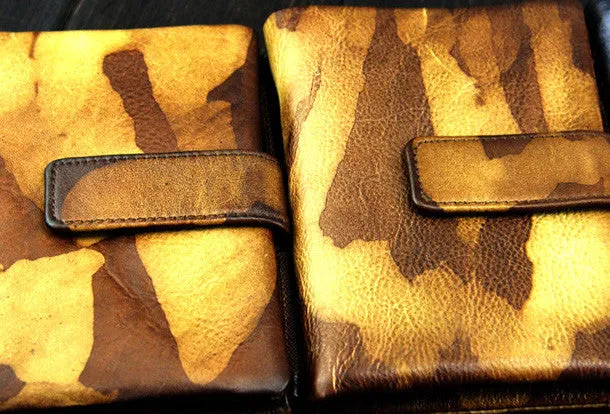 Handmade men billfold leather wallet men vintage brown blue camouflage billfold wallet for him