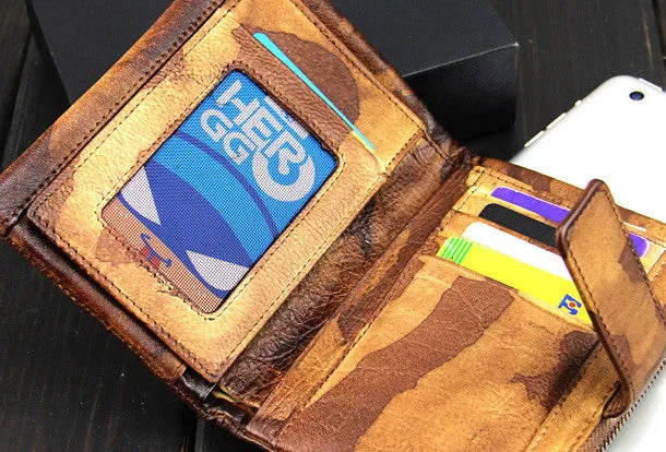 Handmade men billfold leather wallet men vintage brown blue camouflage billfold wallet for him