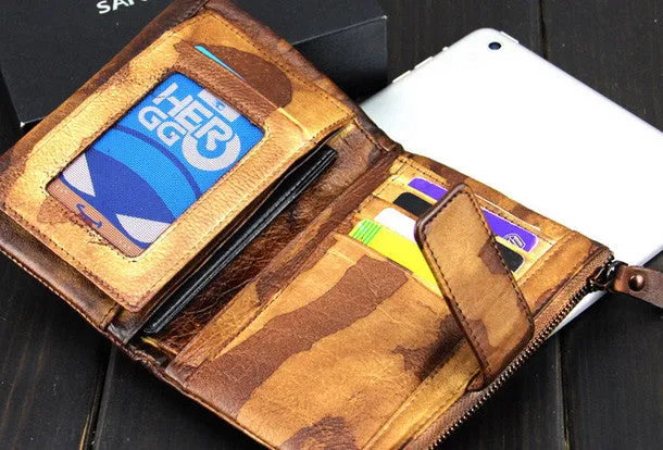 Handmade men billfold leather wallet men vintage brown blue camouflage billfold wallet for him