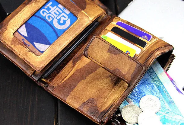 Handmade men billfold leather wallet men vintage brown blue camouflage billfold wallet for him