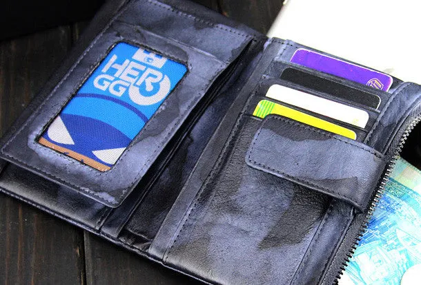 Handmade men billfold leather wallet men vintage brown blue camouflage billfold wallet for him