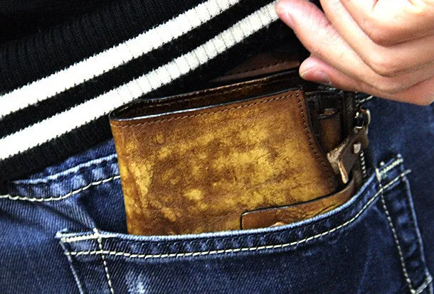 Handmade men billfold leather wallet men vintage gray brown billfold wallet for him