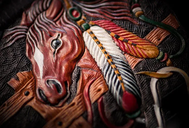 Handmade men billfold wallet black coffee leather horse carved billfold wallet for men