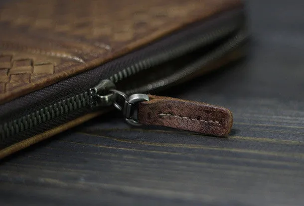 Handmade Men long leather wallet clutch men braided vintage gray brown wallet for him
