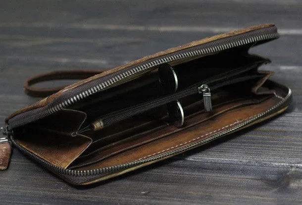 Handmade Men long leather wallet clutch men braided vintage gray brown wallet for him