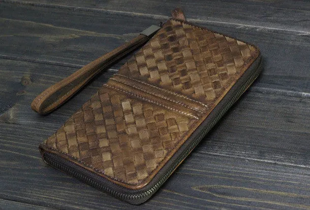 Handmade Men long leather wallet clutch men braided vintage gray brown wallet for him