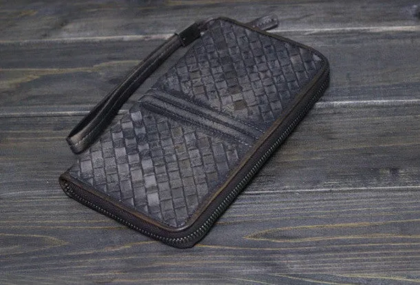 Handmade Men long leather wallet clutch men braided vintage gray brown wallet for him