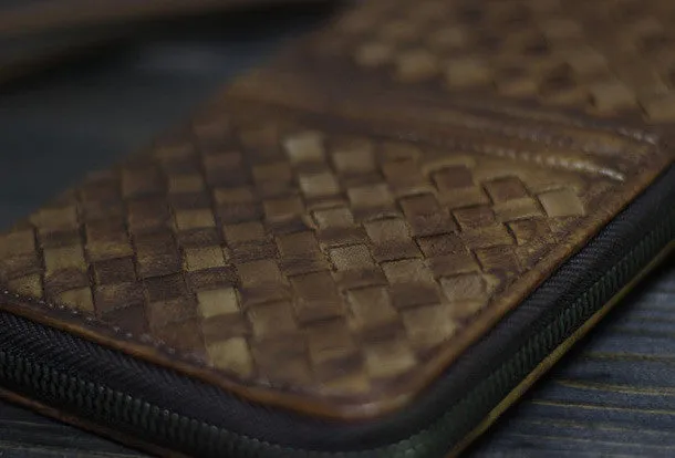 Handmade Men long leather wallet clutch men braided vintage gray brown wallet for him