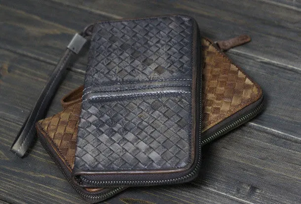 Handmade Men long leather wallet clutch men braided vintage gray brown wallet for him