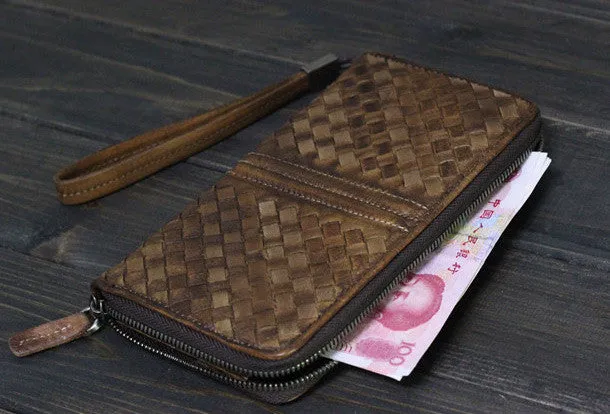 Handmade Men long leather wallet clutch men braided vintage gray brown wallet for him