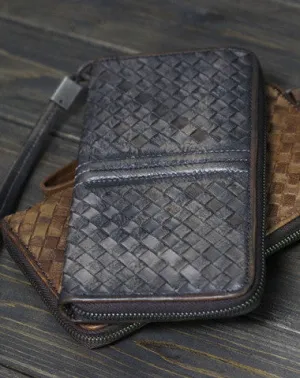 Handmade Men long leather wallet clutch men braided vintage gray brown wallet for him
