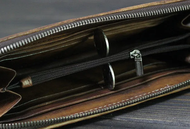 Handmade Men long leather wallet clutch men braided vintage gray brown wallet for him
